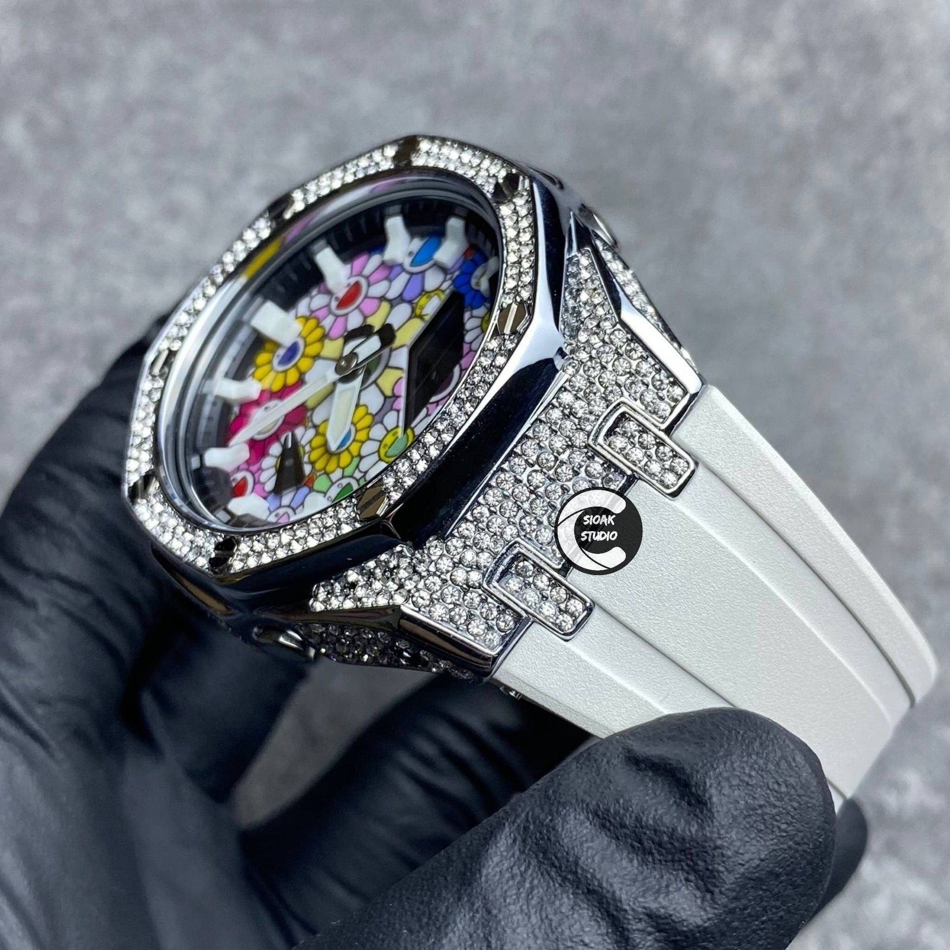 Casioak Mod Watch Diamond Silver Case White Strap Black White Time Mark Takashi Murakami Dial 44mm- Casioak Mod Casio G-Shock Royal Oak Custom Mens Luxury Watches Ga2100