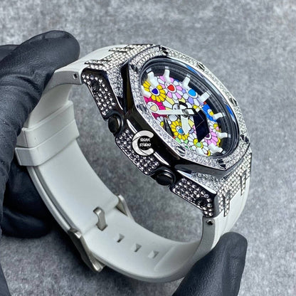 Casioak Mod Watch Diamond Silver Case White Strap Black White Time Mark Takashi Murakami Dial 44mm- Casioak Mod Casio G-Shock Royal Oak Custom Mens Luxury Watches Ga2100