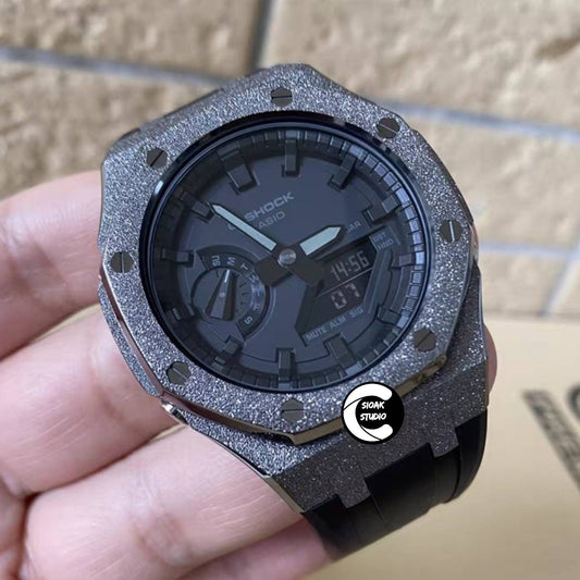 Casioak Mod Watch Frosted Black Case Black Strap Black Time Mark Black Dial 44mm  Men- Casioak Mod Casio G-Shock Royal Oak Custom Mens Luxury Watches Ga2100