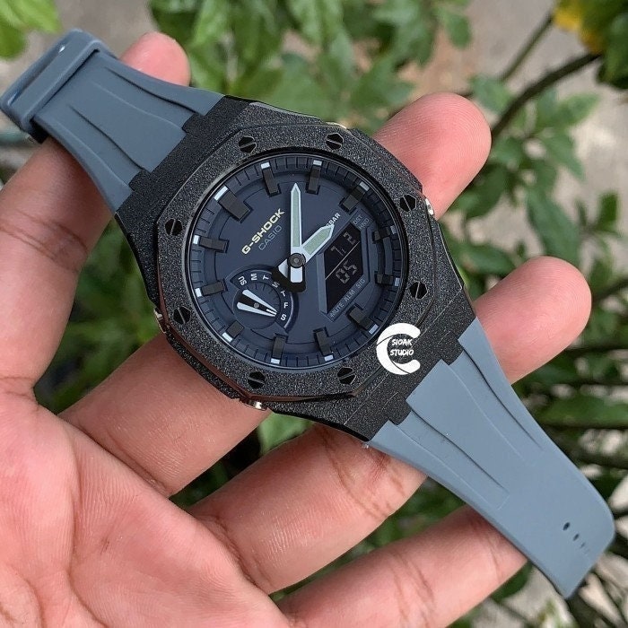 Casioak Mod Watch Frosted Black Case Gray Strap Blue Black Time Mark Blue Dial 44mm  Men- Casioak Mod Casio G-Shock Royal Oak Custom Mens Luxury Watches Ga2100