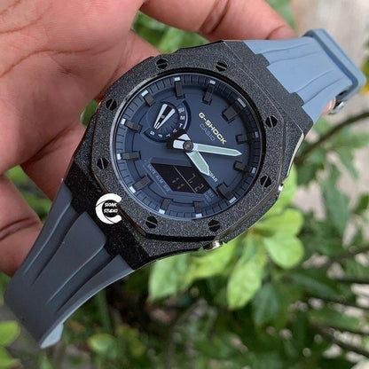 Casioak Mod Watch Frosted Black Case Gray Strap Blue Black Time Mark Blue Dial 44mm  Men- Casioak Mod Casio G-Shock Royal Oak Custom Mens Luxury Watches Ga2100