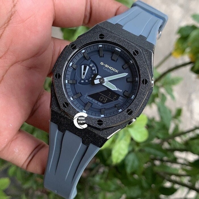 Casioak Mod Watch Frosted Black Case Gray Strap Blue Black Time Mark Blue Dial 44mm  Men- Casioak Mod Casio G-Shock Royal Oak Custom Mens Luxury Watches Ga2100