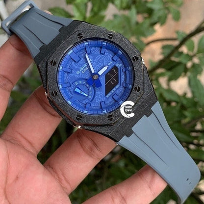 Casioak Mod Watch Frosted Black Case Gray Strap Blue Time Mark Blue Dial 44mm  Men- Casioak Mod Casio G-Shock Royal Oak Custom Mens Luxury Watches Ga2100