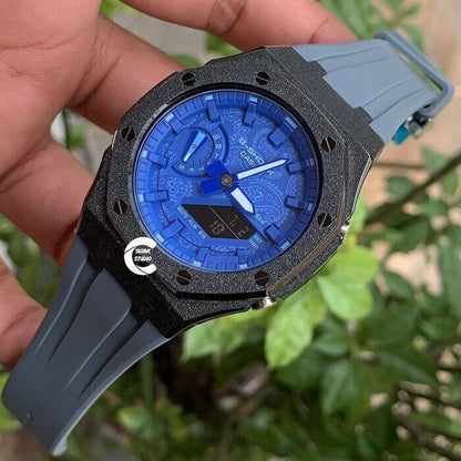 Casioak Mod Watch Frosted Black Case Gray Strap Blue Time Mark Blue Dial 44mm  Men- Casioak Mod Casio G-Shock Royal Oak Custom Mens Luxury Watches Ga2100