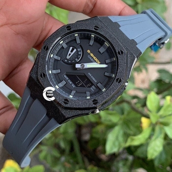 Casioak Mod Watch Frosted Black Case Gray Strap Gray Time Mark Black Dial 44mm  Men- Casioak Mod Casio G-Shock Royal Oak Custom Mens Luxury Watches Ga2100