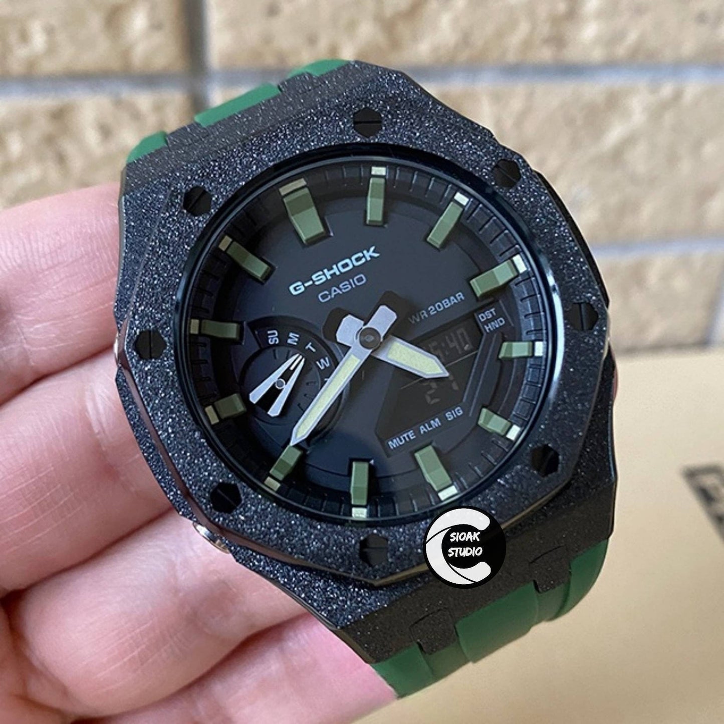 Casioak Mod Watch Frosted Black Case Green Strap Black Green Time Mark Black Dial 44mm  Men- Casioak Mod Casio G-Shock Royal Oak Custom Mens Luxury Watches Ga2100