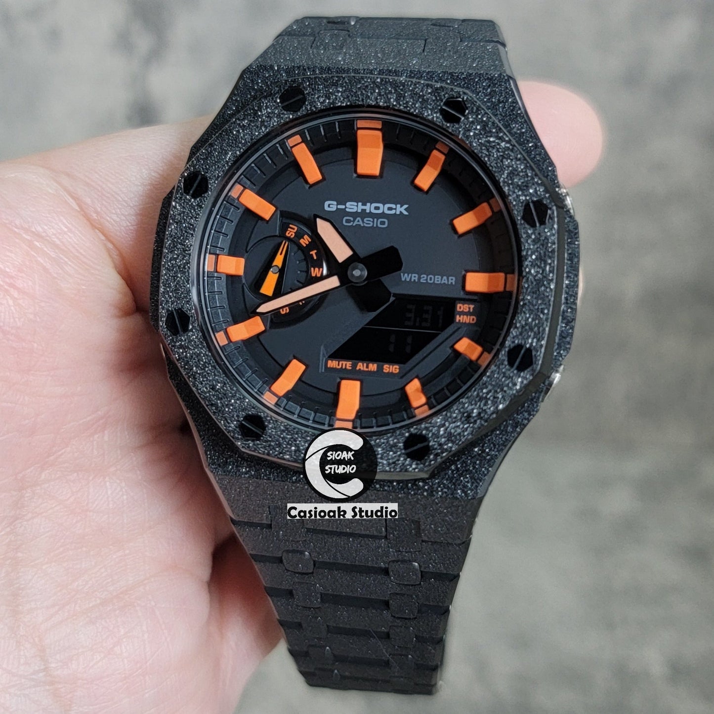 Casioak Mod Watch Frosted Black Case Metal Strap Black Orange Time Mark Black Dial 44mm- Casioak Mod Casio G-Shock Royal Oak Custom Mens Luxury Watches Ga2100