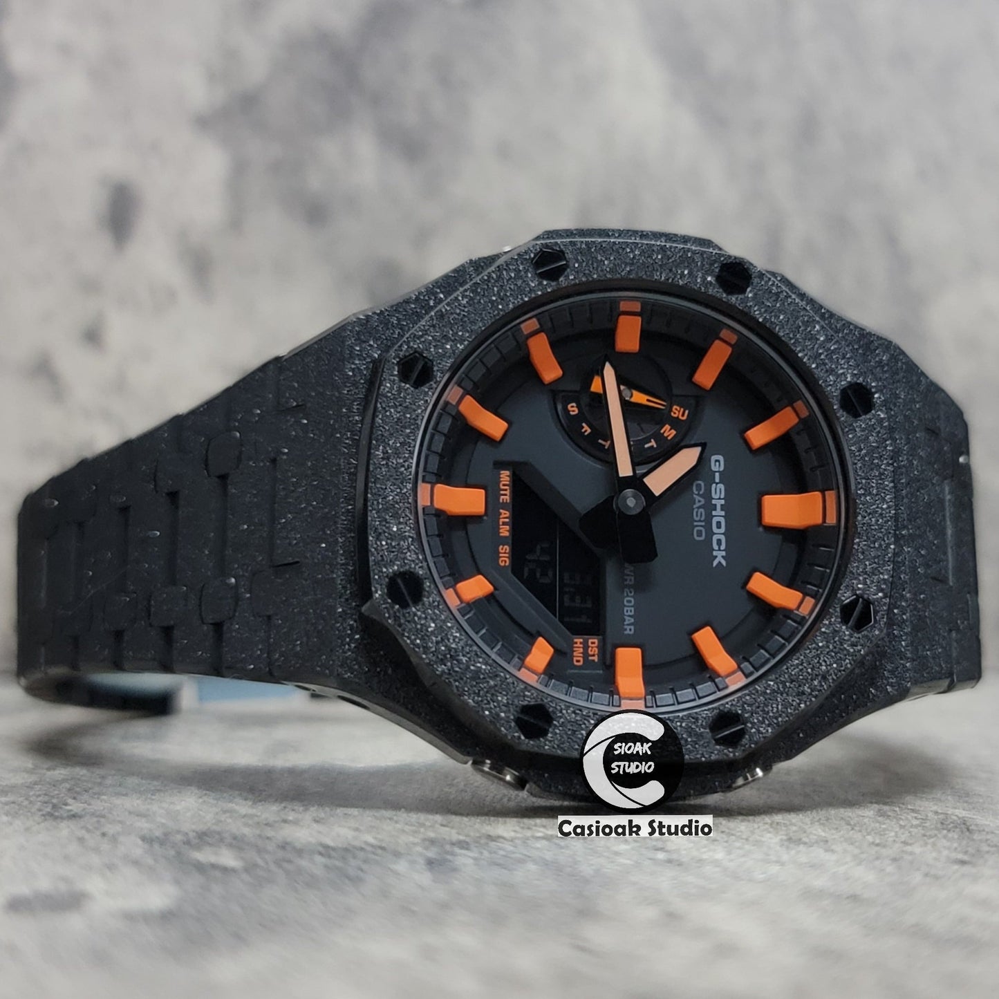 Casioak Mod Watch Frosted Black Case Metal Strap Black Orange Time Mark Black Dial 44mm- Casioak Mod Casio G-Shock Royal Oak Custom Mens Luxury Watches Ga2100