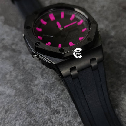 Casioak Mod Watch Frosted Black Case Metal Strap Black Pink Time Mark Black Dial 44mm- Casioak Mod Casio G-Shock Royal Oak Custom Mens Luxury Watches Ga2100