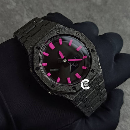 Casioak Mod Watch Frosted Black Case Metal Strap Black Pink Time Mark Black Dial 44mm- Casioak Mod Casio G-Shock Royal Oak Custom Mens Luxury Watches Ga2100