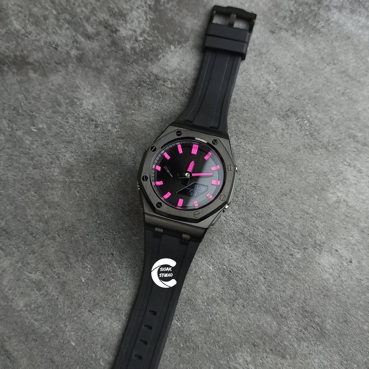 Casioak Mod Watch Frosted Black Case Metal Strap Black Pink Time Mark Black Dial 44mm- Casioak Mod Casio G-Shock Royal Oak Custom Mens Luxury Watches Ga2100