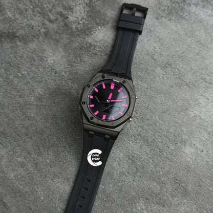 Casioak Mod Watch Frosted Black Case Metal Strap Black Pink Time Mark Black Dial 44mm- Casioak Mod Casio G-Shock Royal Oak Custom Mens Luxury Watches Ga2100