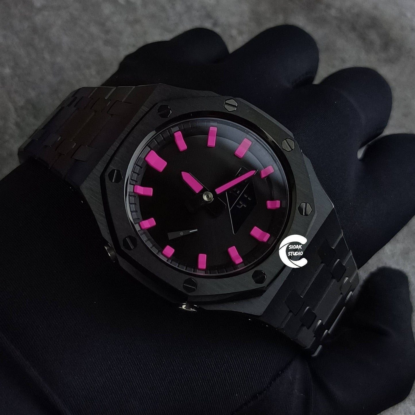 Casioak Mod Watch Frosted Black Case Metal Strap Black Pink Time Mark Black Dial 44mm- Casioak Mod Casio G-Shock Royal Oak Custom Mens Luxury Watches Ga2100