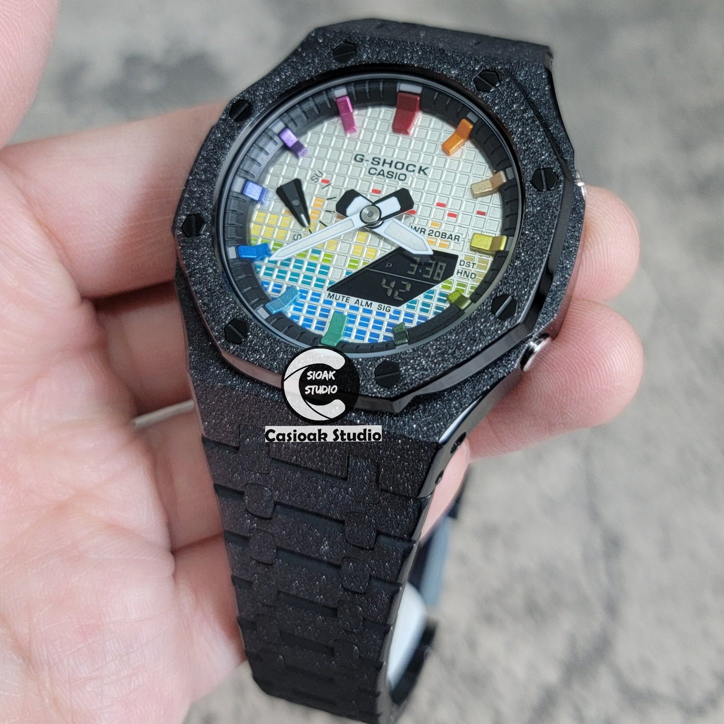 Casioak Mod Watch Frosted Black Case Metal Strap Black Rainbow Time Mark Music Dial 44mm- Casioak Mod Casio G-Shock Royal Oak Custom Mens Luxury Watches Ga2100