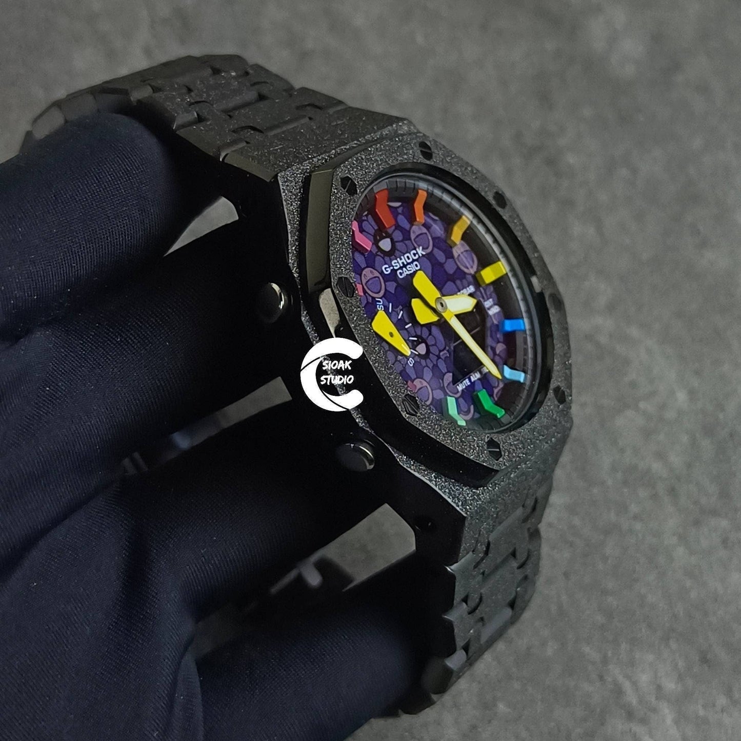 Casioak Mod Watch Frosted Black Case Metal Strap Black Rainbow Time Mark Takashi Murakami Dial 44mm- Casioak Mod Casio G-Shock Royal Oak Custom Mens Luxury Watches Ga2100