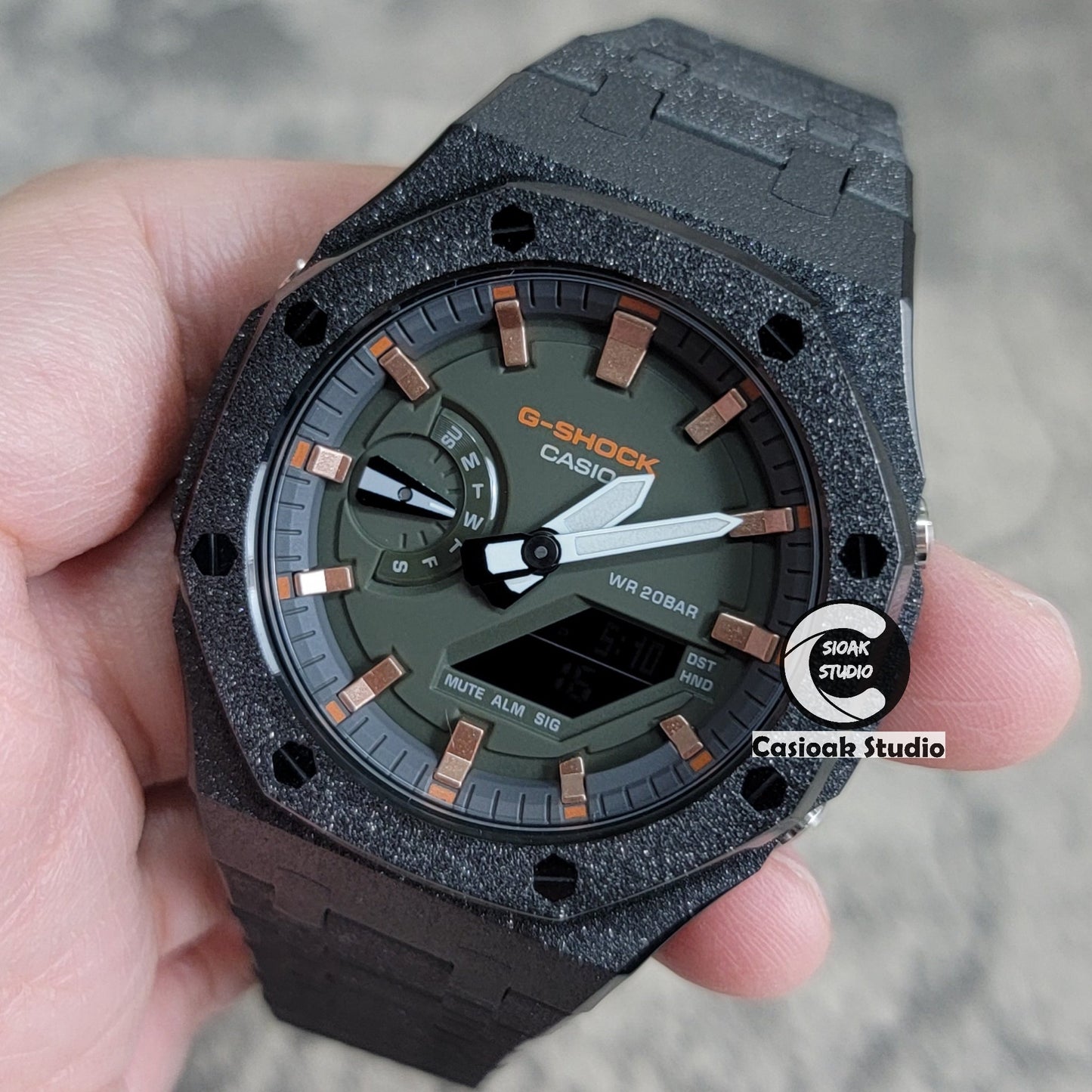 Casioak Mod Watch Frosted Black Case Metal Strap Black Rose Gold Time Mark Green Dial 44mm- Casioak Mod Casio G-Shock Royal Oak Custom Mens Luxury Watches Ga2100