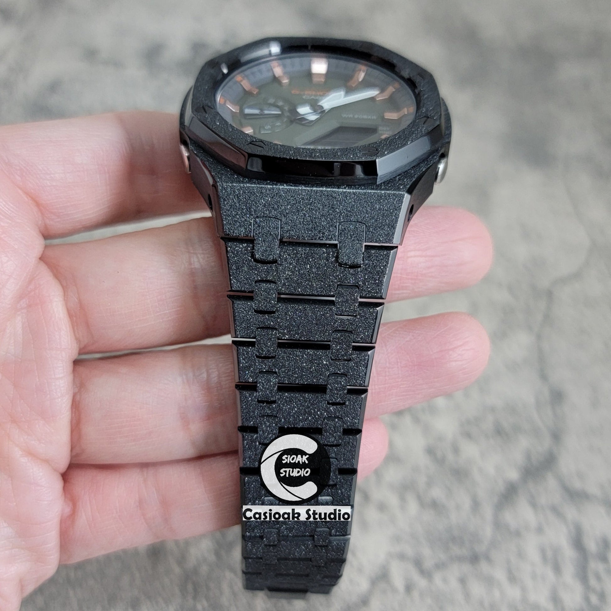 Casioak Mod Watch Frosted Black Case Metal Strap Black Rose Gold Time Mark Green Dial 44mm- Casioak Mod Casio G-Shock Royal Oak Custom Mens Luxury Watches Ga2100