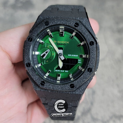 Casioak Mod Watch Frosted Black Case Metal Strap Black Silver Time Mark Green Dial 44mm- Casioak Mod Casio G-Shock Royal Oak Custom Mens Luxury Watches Ga2100