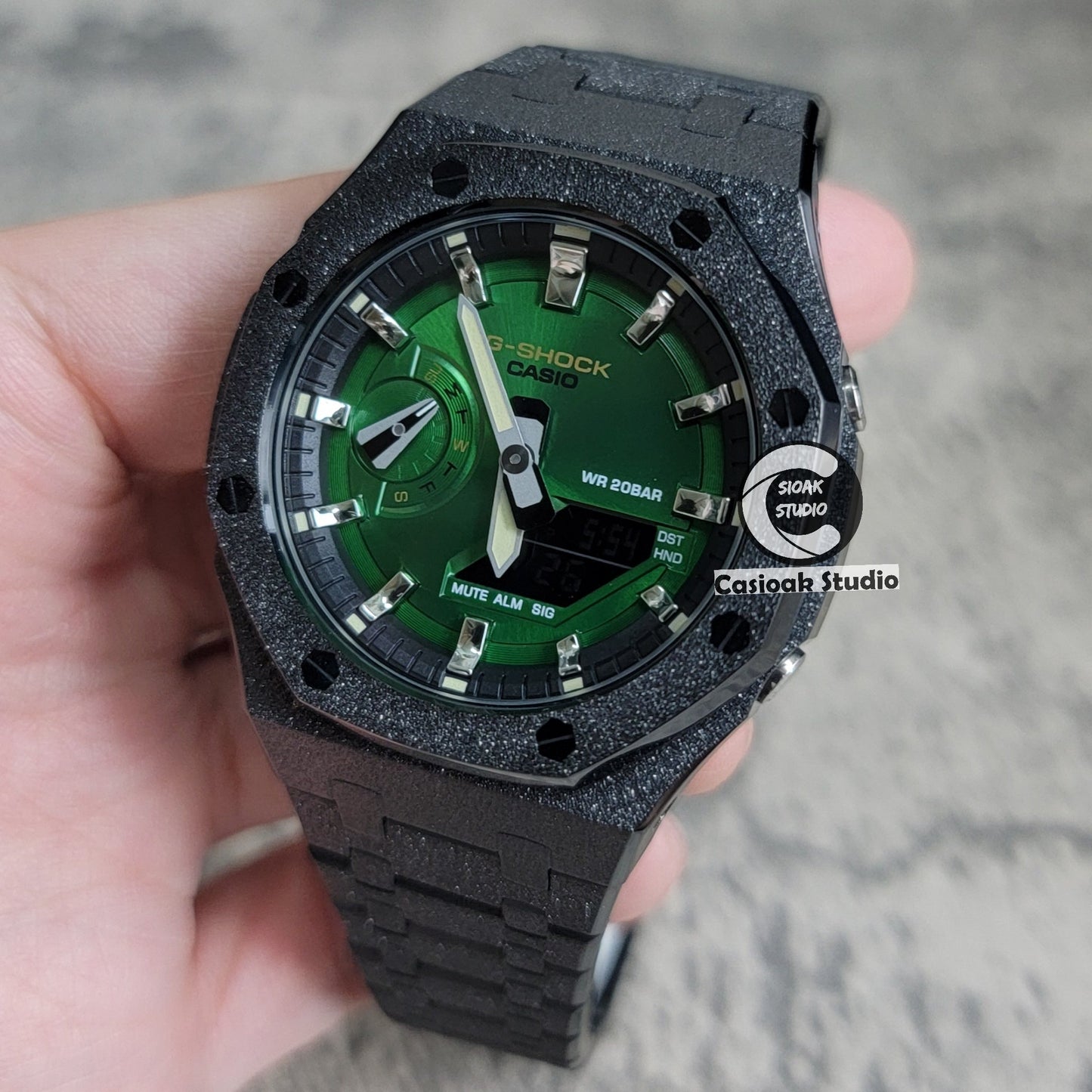 Casioak Mod Watch Frosted Black Case Metal Strap Black Silver Time Mark Green Dial 44mm- Casioak Mod Casio G-Shock Royal Oak Custom Mens Luxury Watches Ga2100