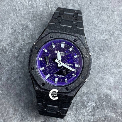 Casioak Mod Watch Frosted Black Case Metal Strap Black Silver Time Mark Purple Dial 44mm- Casioak Mod Casio G-Shock Royal Oak Custom Mens Luxury Watches Ga2100