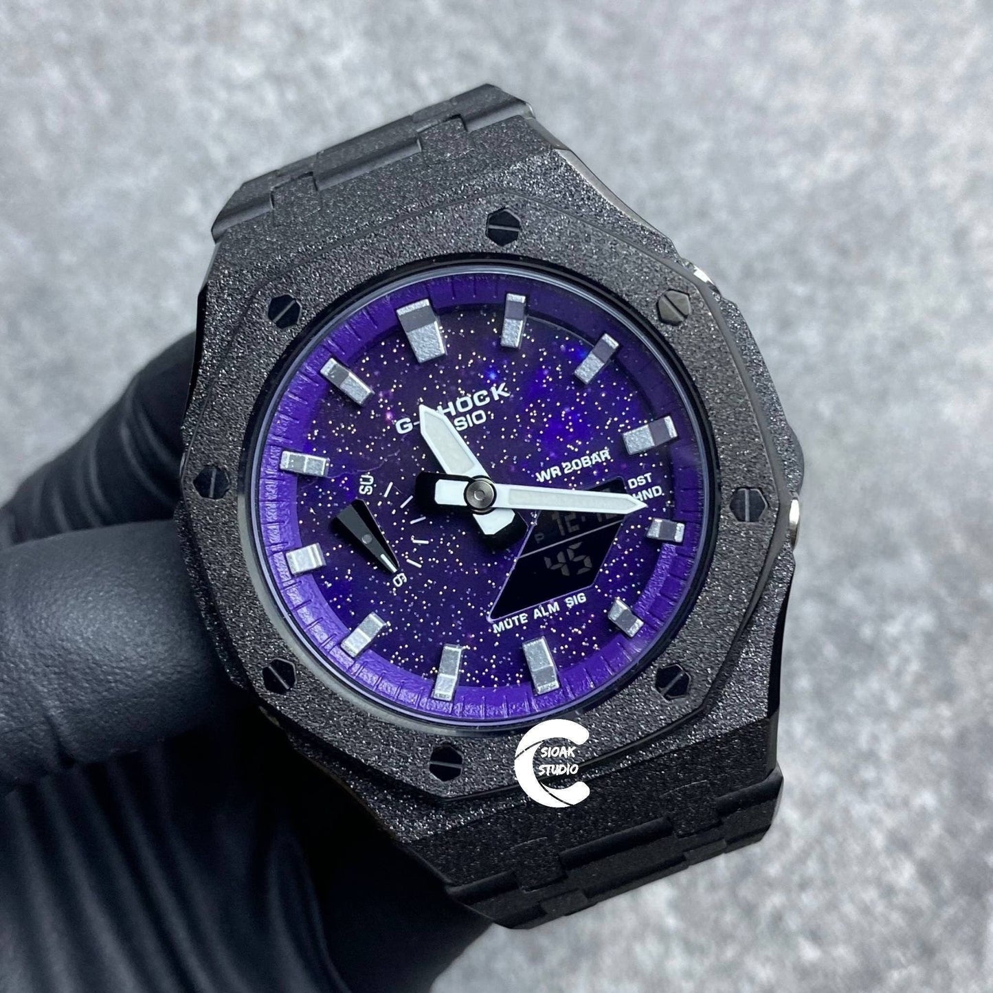 Casioak Mod Watch Frosted Black Case Metal Strap Black Silver Time Mark Purple Dial 44mm- Casioak Mod Casio G-Shock Royal Oak Custom Mens Luxury Watches Ga2100