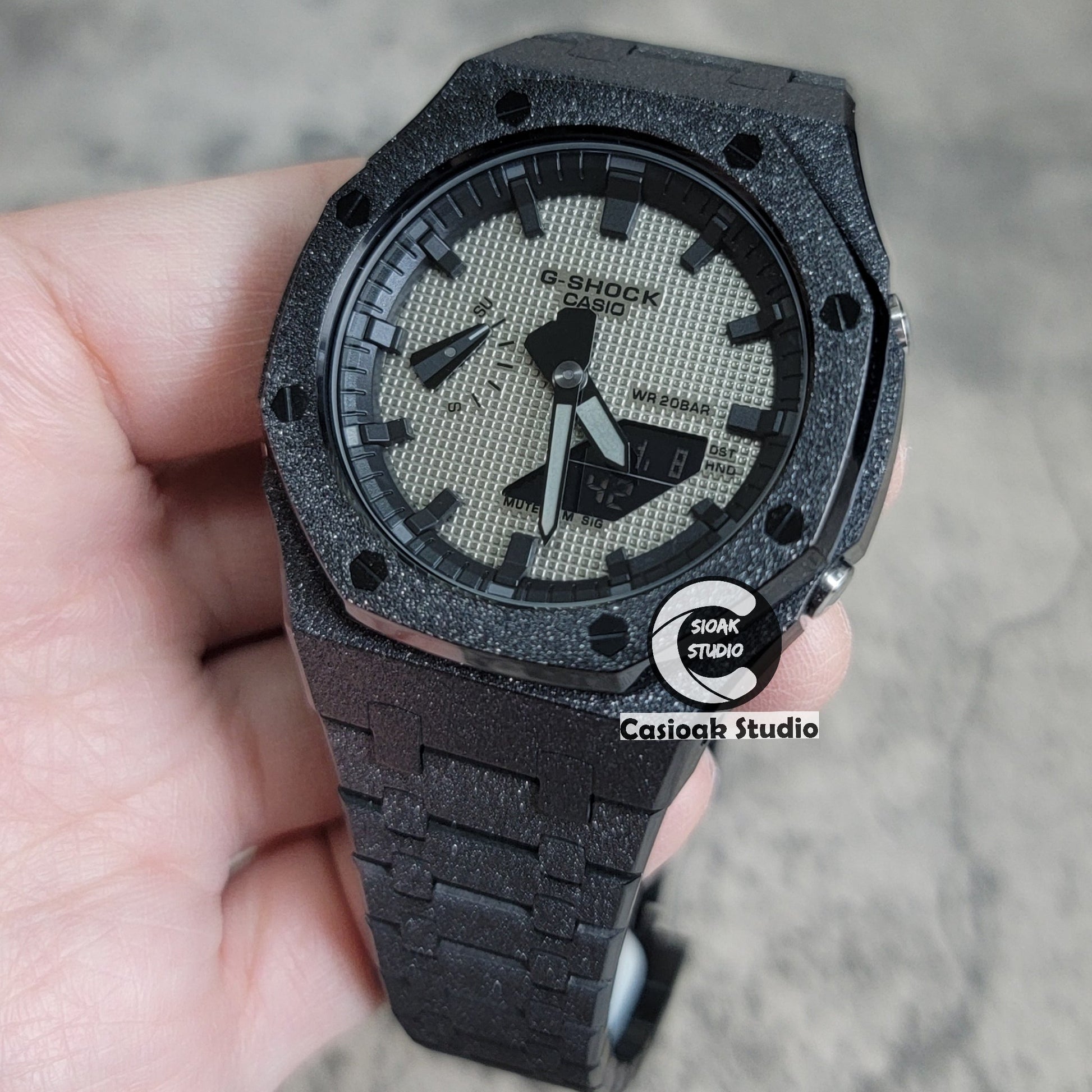 Casioak Mod Watch Frosted Black Case Metal Strap Black Time Mark Gray Waffle Dial 44mm- Casioak Mod Casio G-Shock Royal Oak Custom Mens Luxury Watches Ga2100