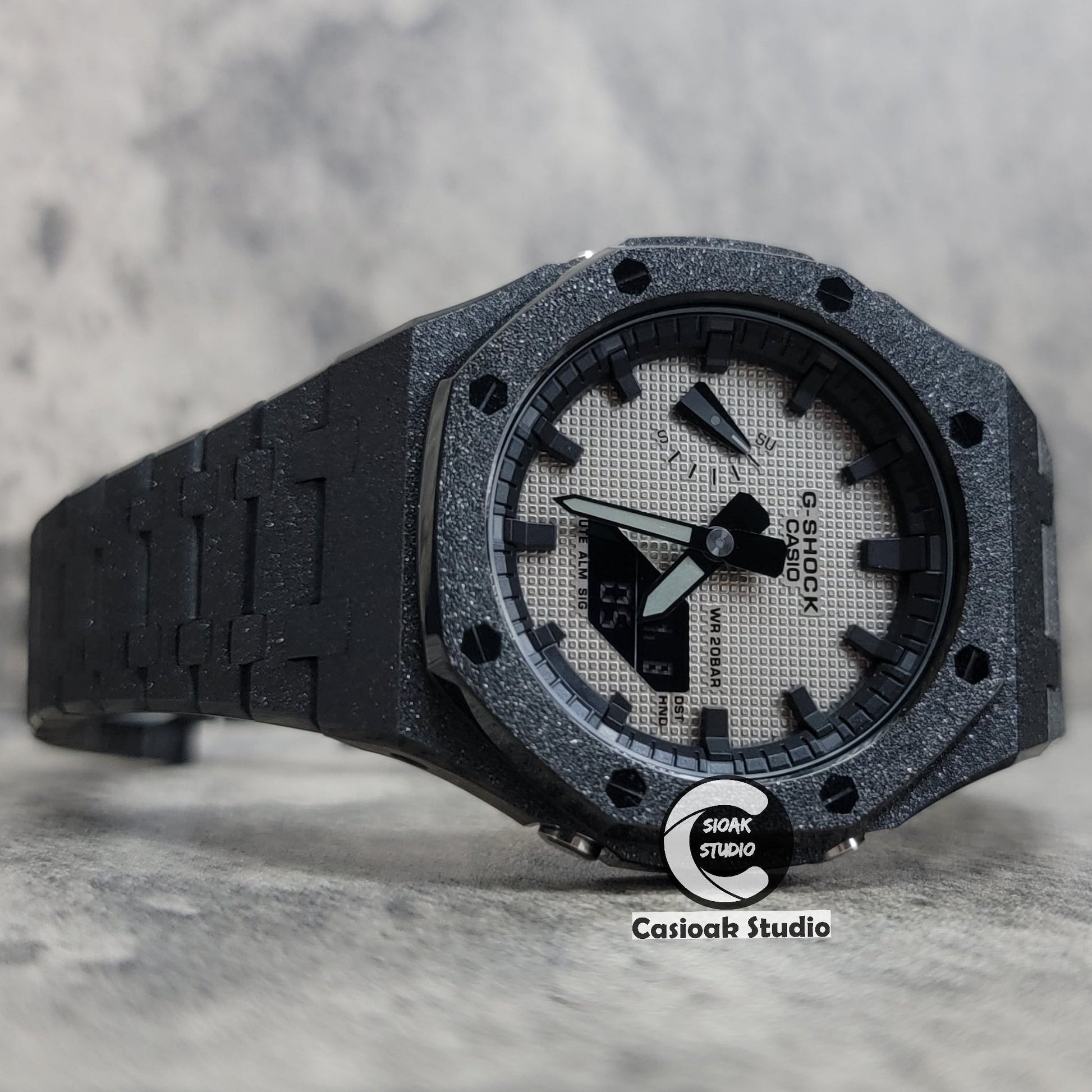 Casioak Mod Watch Frosted Black Case Metal Strap Black Time Mark Gray Waffle Dial 44mm- Casioak Mod Casio G-Shock Royal Oak Custom Mens Luxury Watches Ga2100