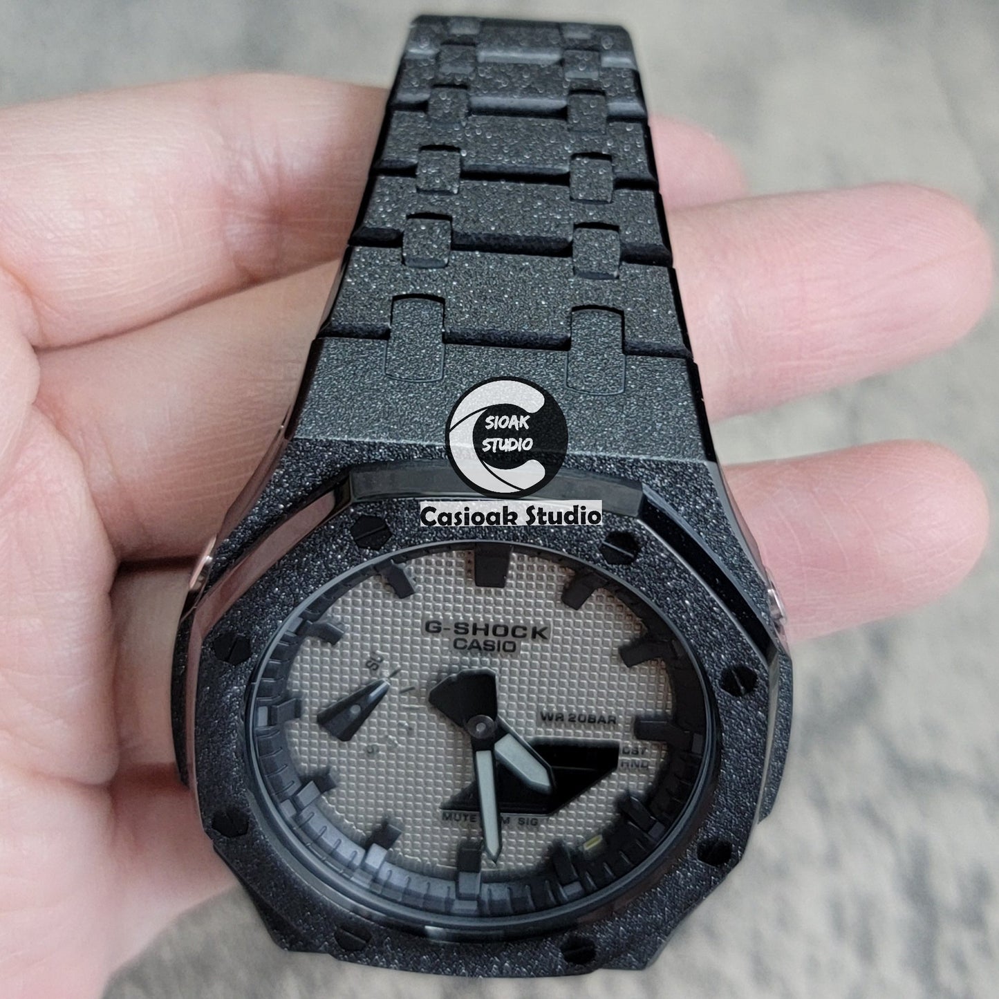 Casioak Mod Watch Frosted Black Case Metal Strap Black Time Mark Gray Waffle Dial 44mm- Casioak Mod Casio G-Shock Royal Oak Custom Mens Luxury Watches Ga2100