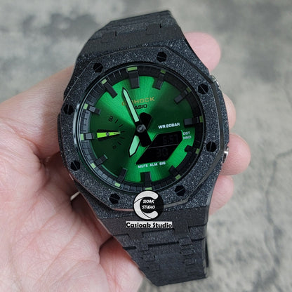 Casioak Mod Watch Frosted Black Case Metal Strap Black Time Mark Green Dial 44mm- Casioak Mod Casio G-Shock Royal Oak Custom Mens Luxury Watches Ga2100