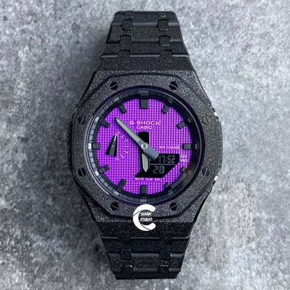 Casioak Mod Watch Frosted Black Case Metal Strap Black Time Mark Purple Dial 44mm- Casioak Mod Casio G-Shock Royal Oak Custom Mens Luxury Watches Ga2100