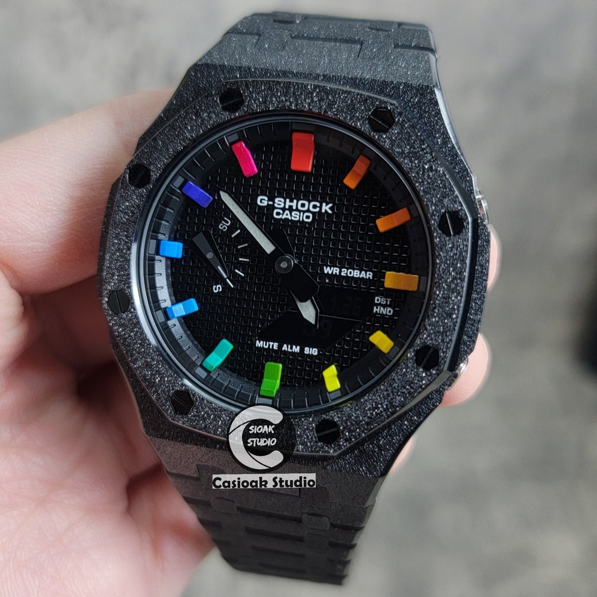 Casioak Mod Watch Frosted Black Case Metal Strap Blue Black Rainbow Time Mark Black Waffle Dial 44mm- Casioak Mod Casio G-Shock Royal Oak Custom Mens Luxury Watches Ga2100