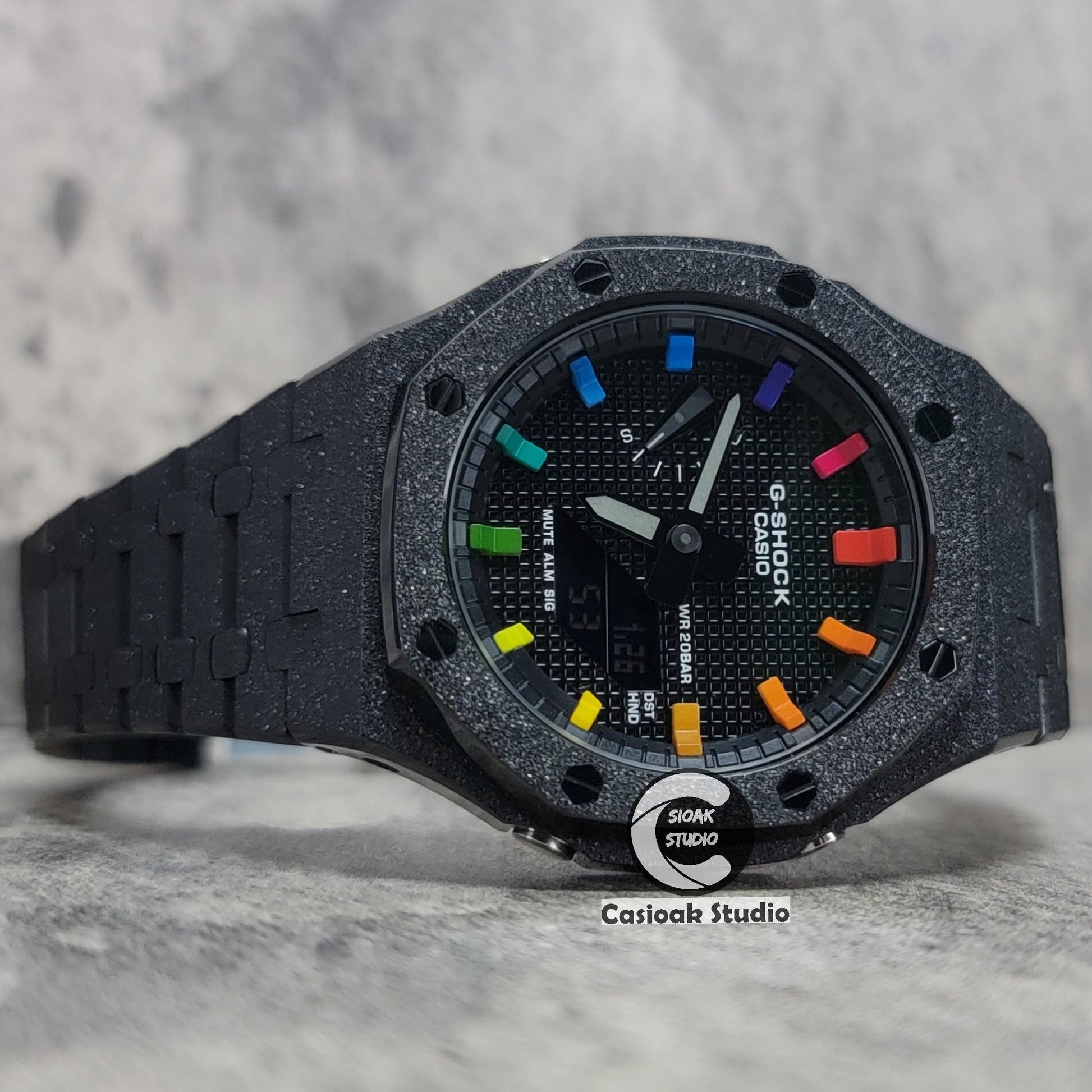 Casioak Mod Watch Frosted Black Case Metal Strap Blue Black Rainbow Time Mark Black Waffle Dial 44mm- Casioak Mod Casio G-Shock Royal Oak Custom Mens Luxury Watches Ga2100