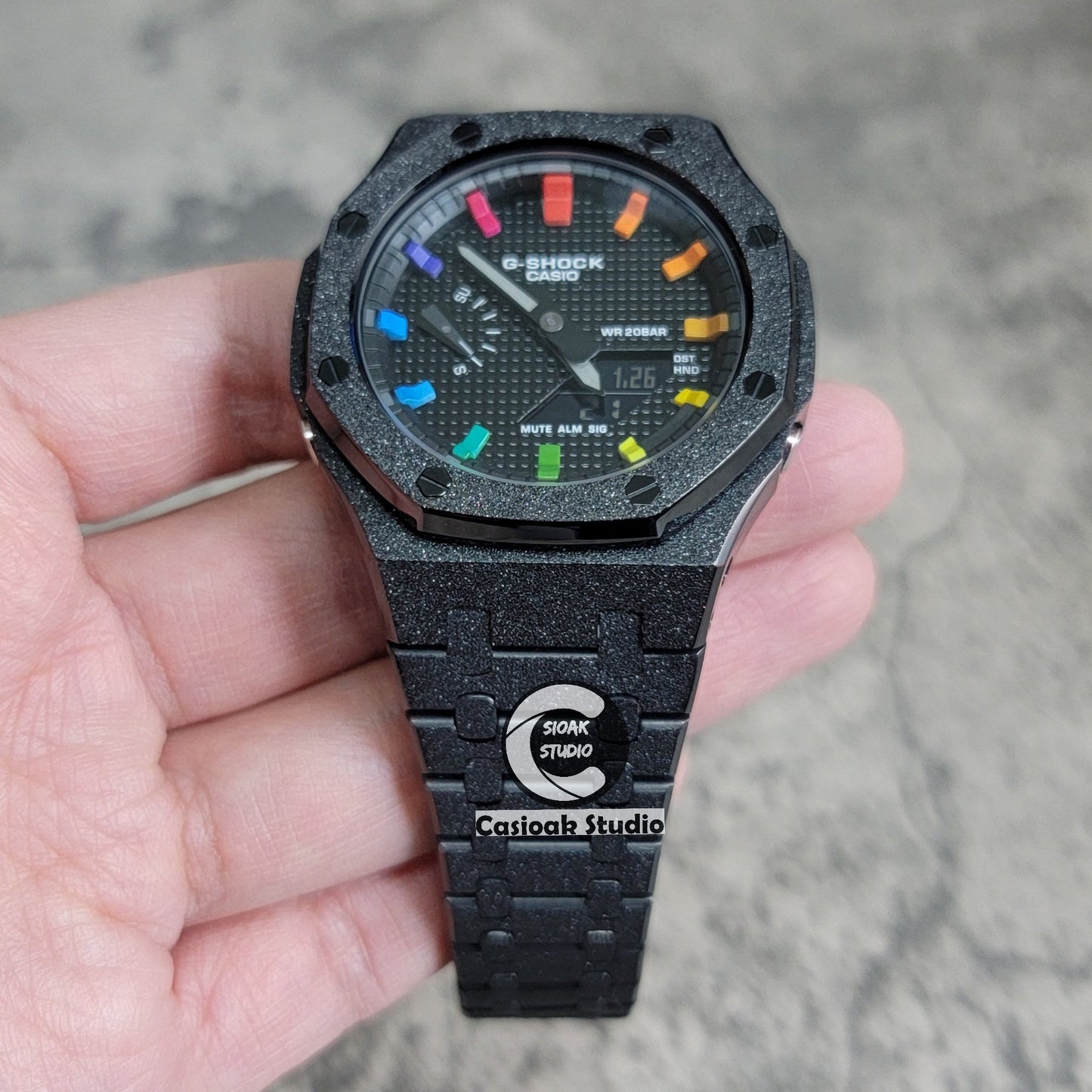 Casioak Mod Watch Frosted Black Case Metal Strap Blue Black Rainbow Time Mark Black Waffle Dial 44mm- Casioak Mod Casio G-Shock Royal Oak Custom Mens Luxury Watches Ga2100