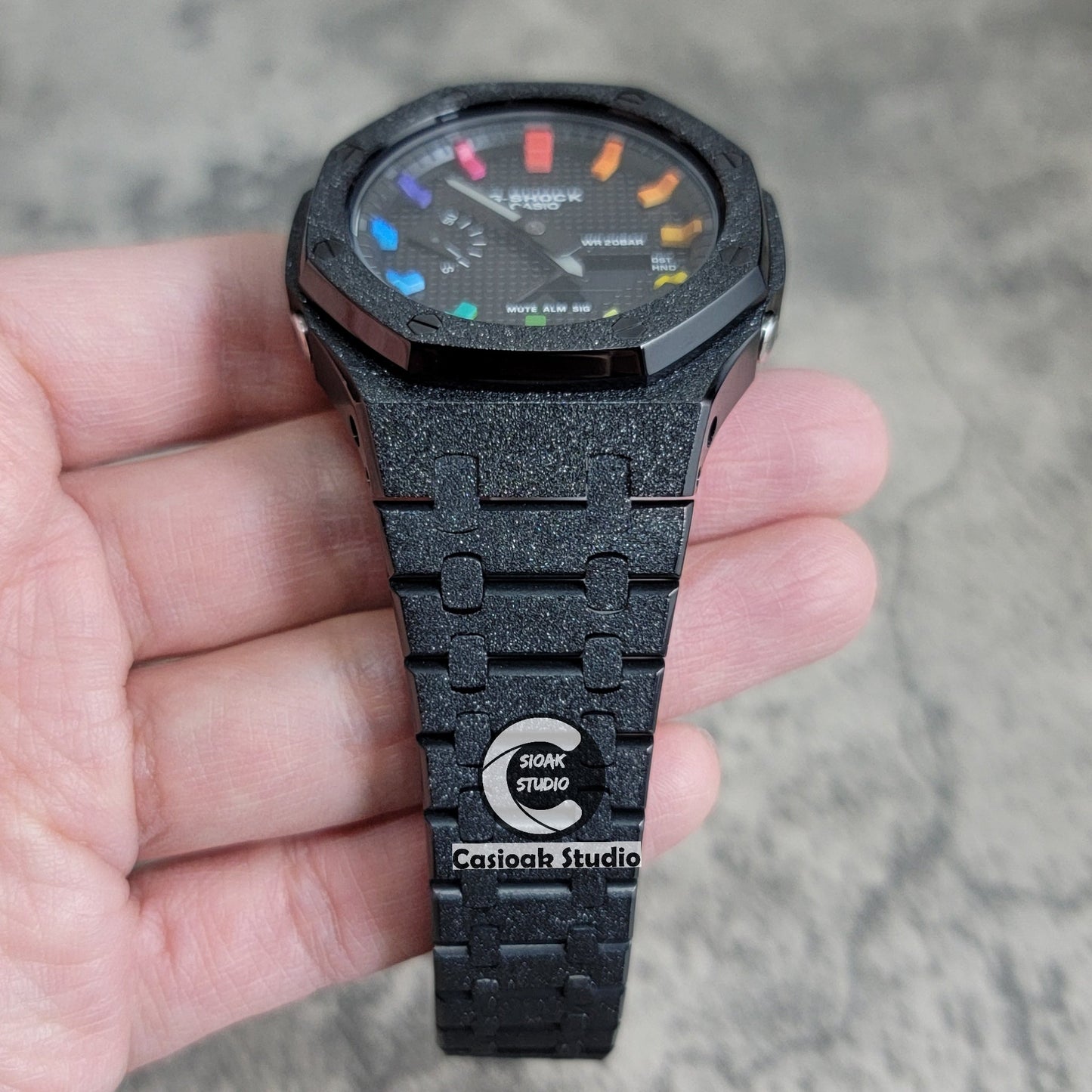 Casioak Mod Watch Frosted Black Case Metal Strap Blue Black Rainbow Time Mark Black Waffle Dial 44mm- Casioak Mod Casio G-Shock Royal Oak Custom Mens Luxury Watches Ga2100