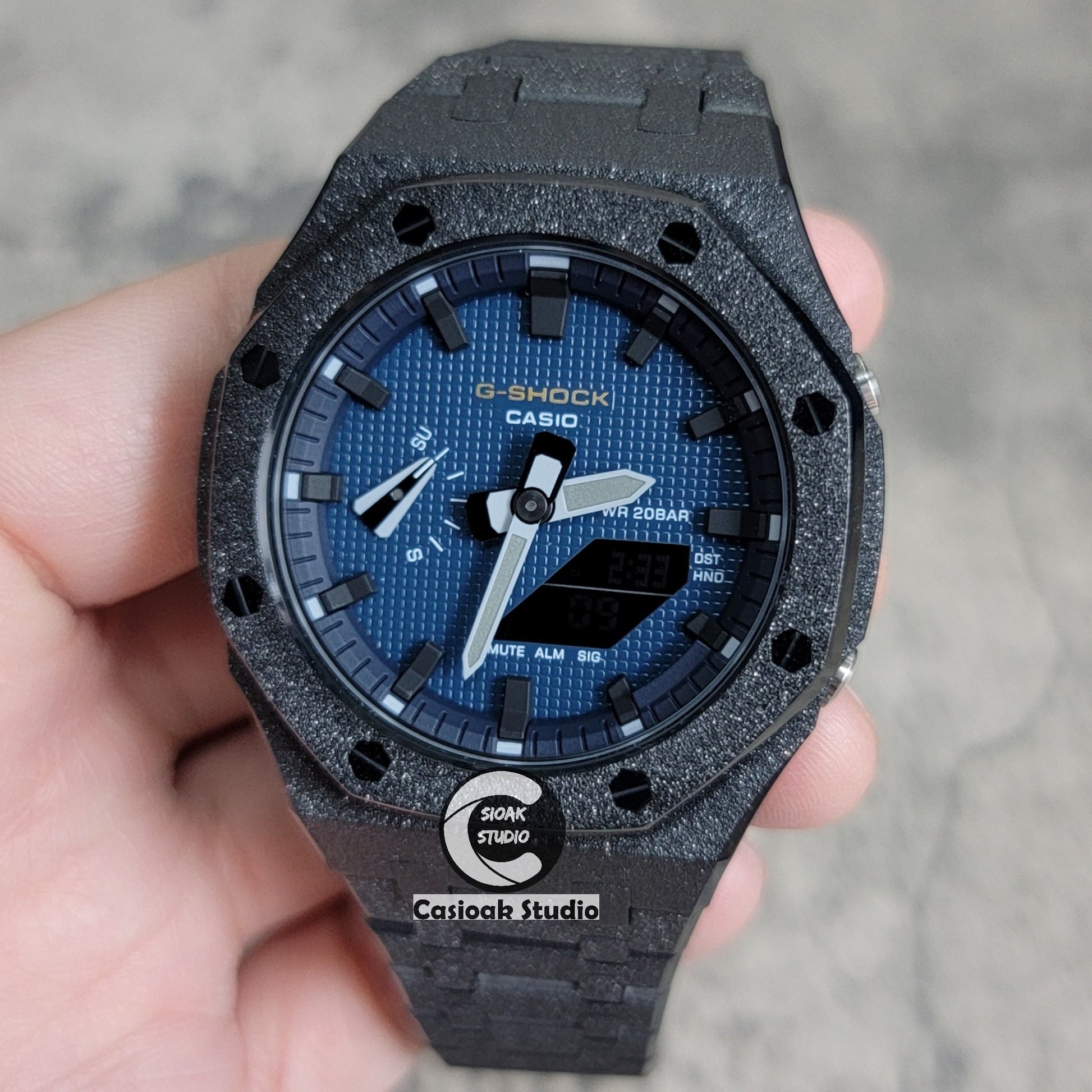 Casioak Mod Watch Frosted Black Case Metal Strap Blue Black Time Mark Blue Waffle Dial 44mm- Casioak Mod Casio G-Shock Royal Oak Custom Mens Luxury Watches Ga2100