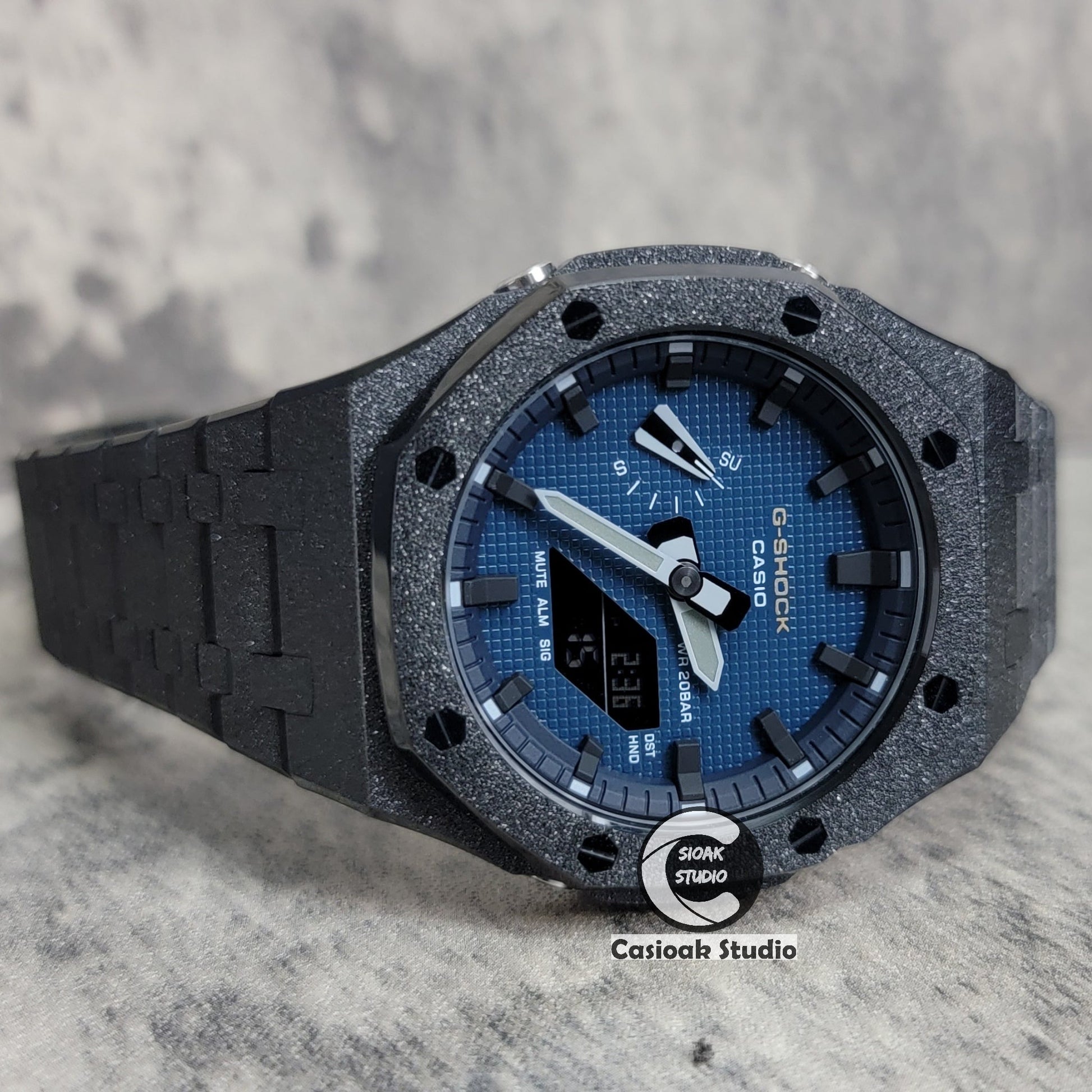 Casioak Mod Watch Frosted Black Case Metal Strap Blue Black Time Mark Blue Waffle Dial 44mm- Casioak Mod Casio G-Shock Royal Oak Custom Mens Luxury Watches Ga2100