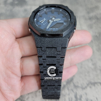 Casioak Mod Watch Frosted Black Case Metal Strap Blue Black Time Mark Blue Waffle Dial 44mm- Casioak Mod Casio G-Shock Royal Oak Custom Mens Luxury Watches Ga2100