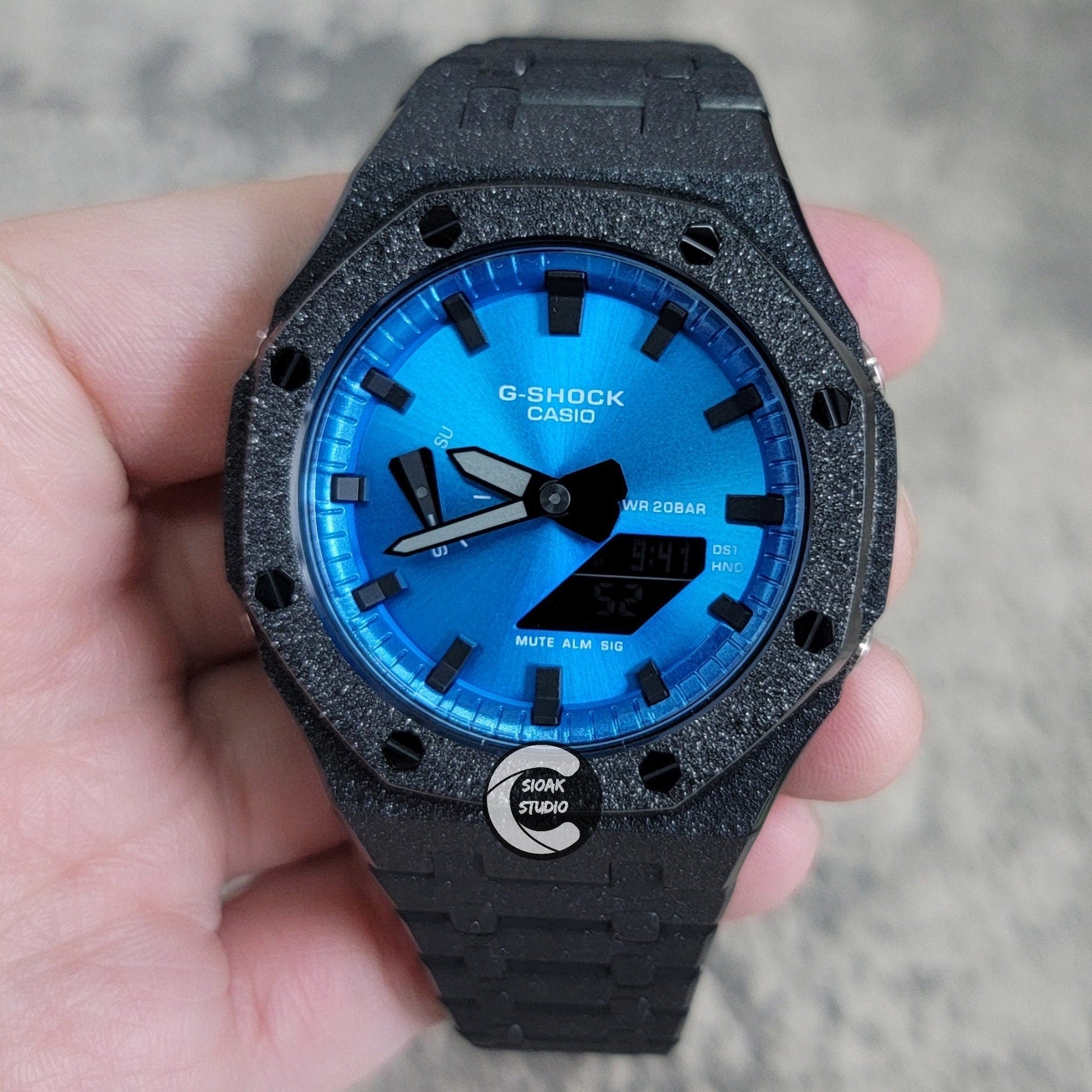 Casioak Mod Watch Frosted Black Case Metal Strap Blue Black Time Mark Metallic Blue Dial 44mm Gift men- Casioak Mod Casio G-Shock Royal Oak Custom Mens Luxury Watches Ga2100