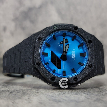 Casioak Mod Watch Frosted Black Case Metal Strap Blue Black Time Mark Metallic Blue Dial 44mm Gift men- Casioak Mod Casio G-Shock Royal Oak Custom Mens Luxury Watches Ga2100