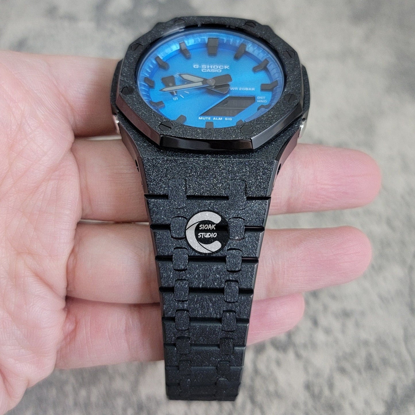 Casioak Mod Watch Frosted Black Case Metal Strap Blue Black Time Mark Metallic Blue Dial 44mm Gift men- Casioak Mod Casio G-Shock Royal Oak Custom Mens Luxury Watches Ga2100