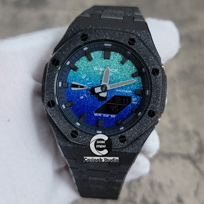 Casioak Mod Watch Frosted Black Case Metal Strap Blue Black Time Mark Starry Blue Dial 44mm- Casioak Mod Casio G-Shock Royal Oak Custom Mens Luxury Watches Ga2100