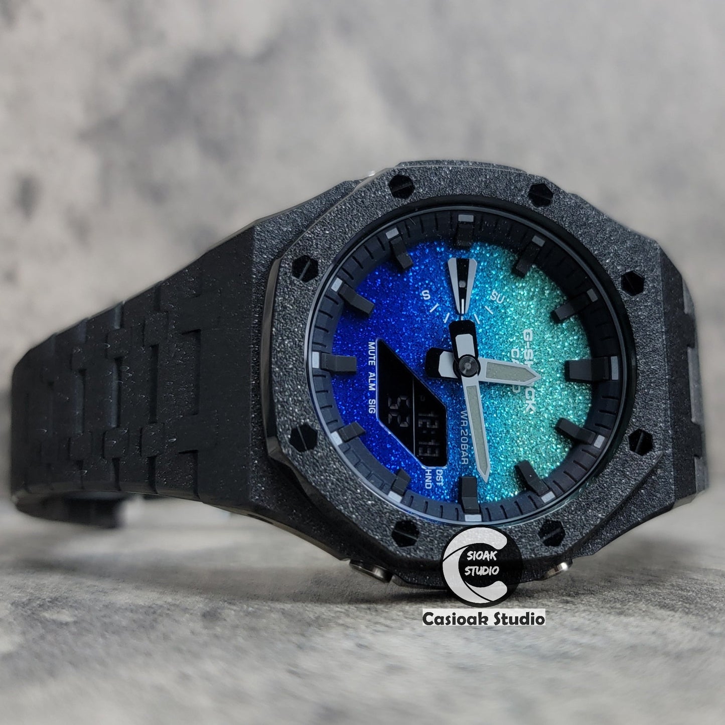 Casioak Mod Watch Frosted Black Case Metal Strap Blue Black Time Mark Starry Blue Dial 44mm- Casioak Mod Casio G-Shock Royal Oak Custom Mens Luxury Watches Ga2100