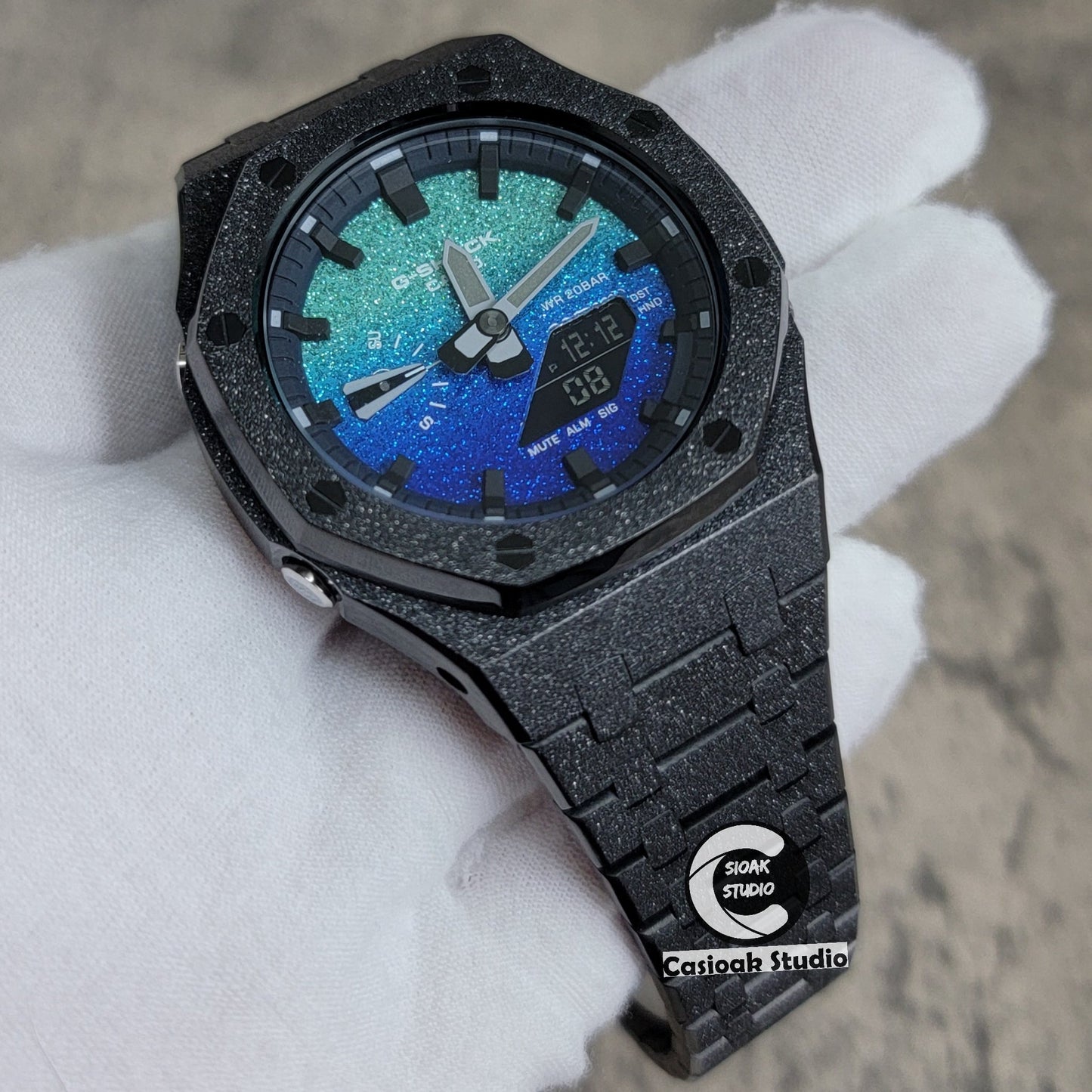 Casioak Mod Watch Frosted Black Case Metal Strap Blue Black Time Mark Starry Blue Dial 44mm- Casioak Mod Casio G-Shock Royal Oak Custom Mens Luxury Watches Ga2100