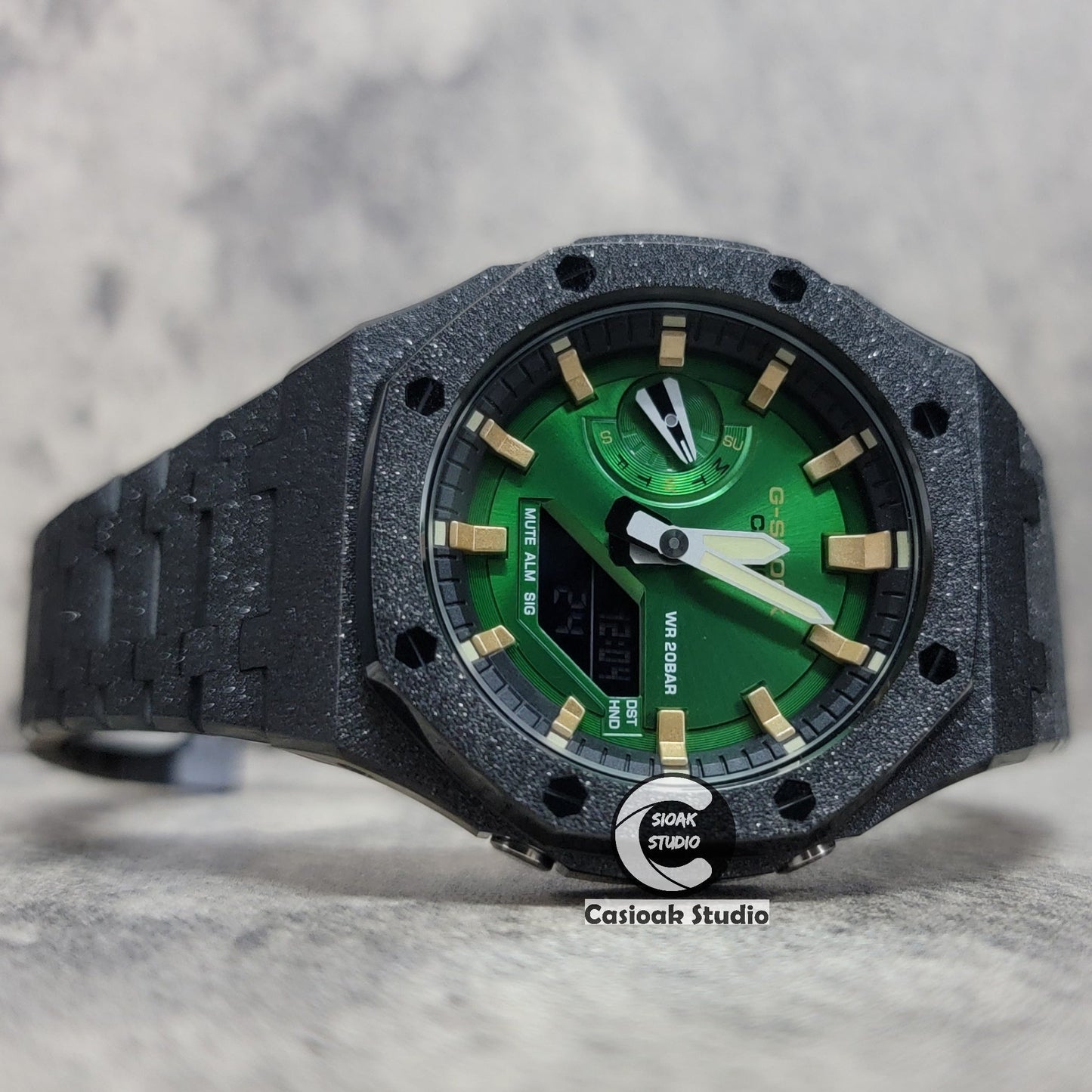 Casioak Mod Watch Frosted Black Case Metal Strap Gold Time Mark Green Dial 44mm- Casioak Mod Casio G-Shock Royal Oak Custom Mens Luxury Watches Ga2100