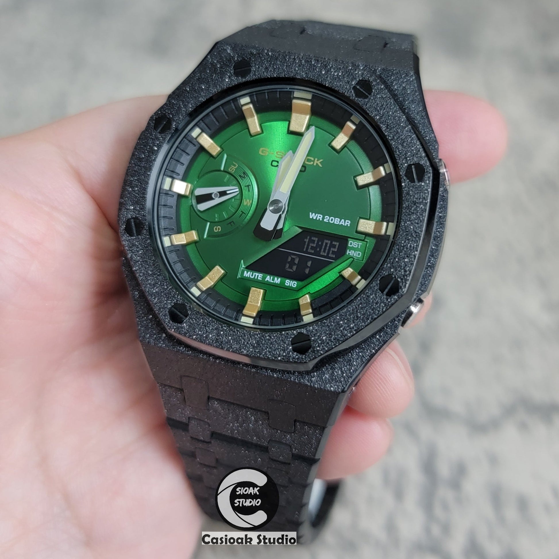 Casioak Mod Watch Frosted Black Case Metal Strap Gold Time Mark Green Dial 44mm- Casioak Mod Casio G-Shock Royal Oak Custom Mens Luxury Watches Ga2100