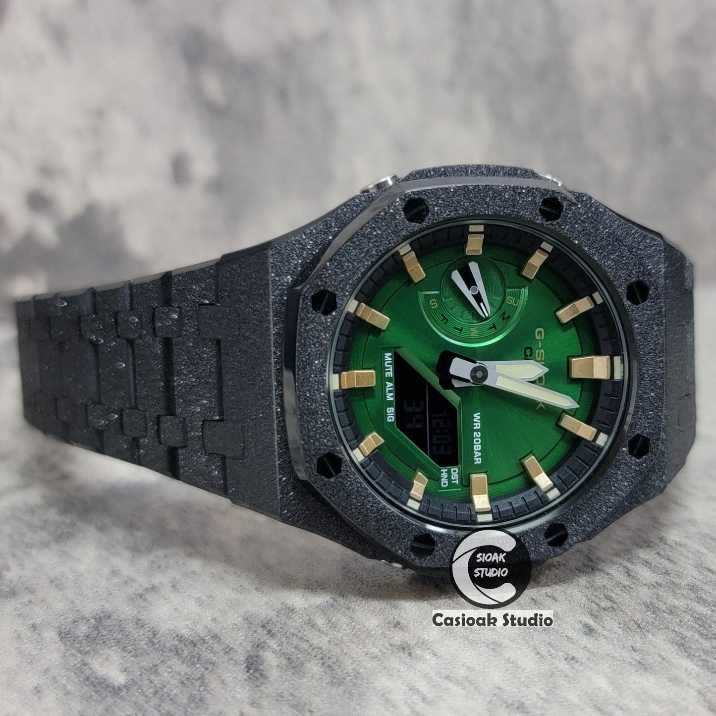 Casioak Mod Watch Frosted Black Case Metal Strap Gold Time Mark Green Dial 44mm- Casioak Mod Casio G-Shock Royal Oak Custom Mens Luxury Watches Ga2100