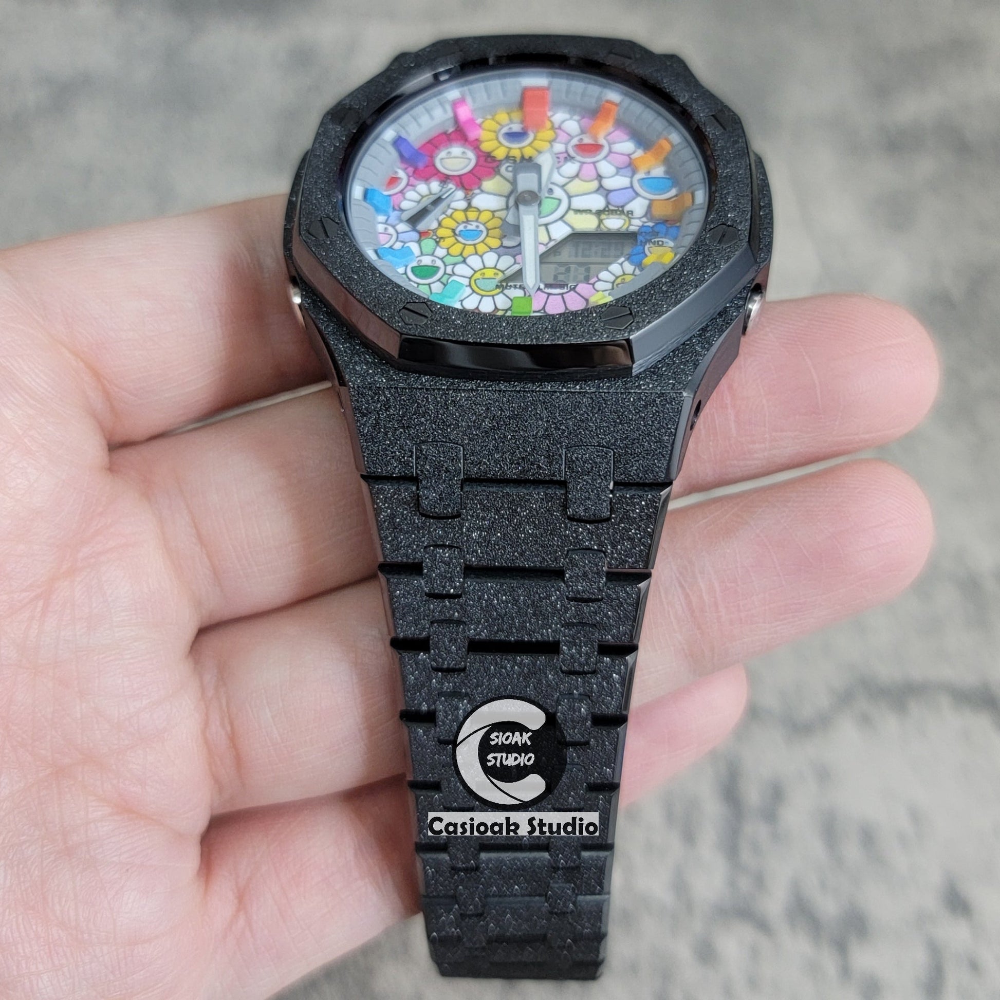 Casioak Mod Watch Frosted Black Case Metal Strap Gray Rainbow Time Mark Takashi Murakami Dial 44mm- Casioak Mod Casio G-Shock Royal Oak Custom Mens Luxury Watches Ga2100