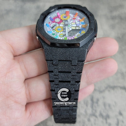 Casioak Mod Watch Frosted Black Case Metal Strap Gray Rainbow Time Mark Takashi Murakami Dial 44mm- Casioak Mod Casio G-Shock Royal Oak Custom Mens Luxury Watches Ga2100