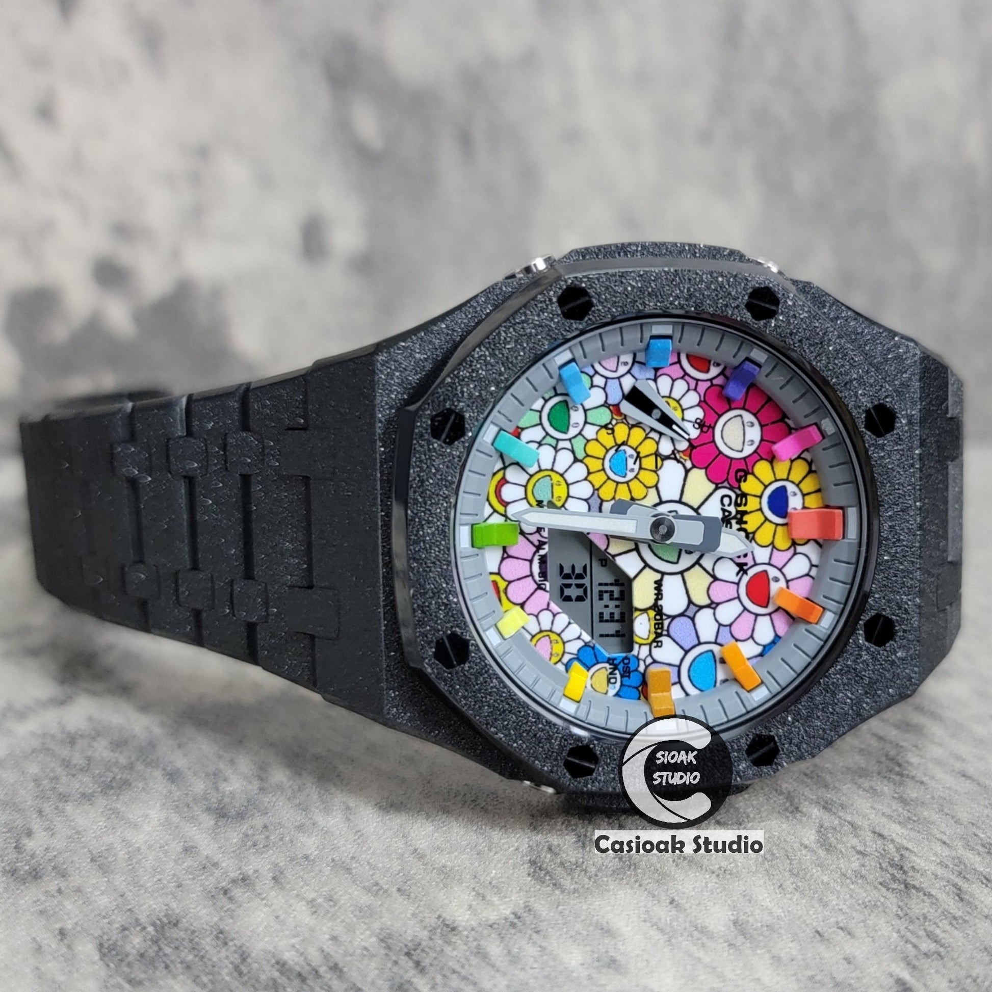 Casioak Mod Watch Frosted Black Case Metal Strap Gray Rainbow Time Mark Takashi Murakami Dial 44mm- Casioak Mod Casio G-Shock Royal Oak Custom Mens Luxury Watches Ga2100