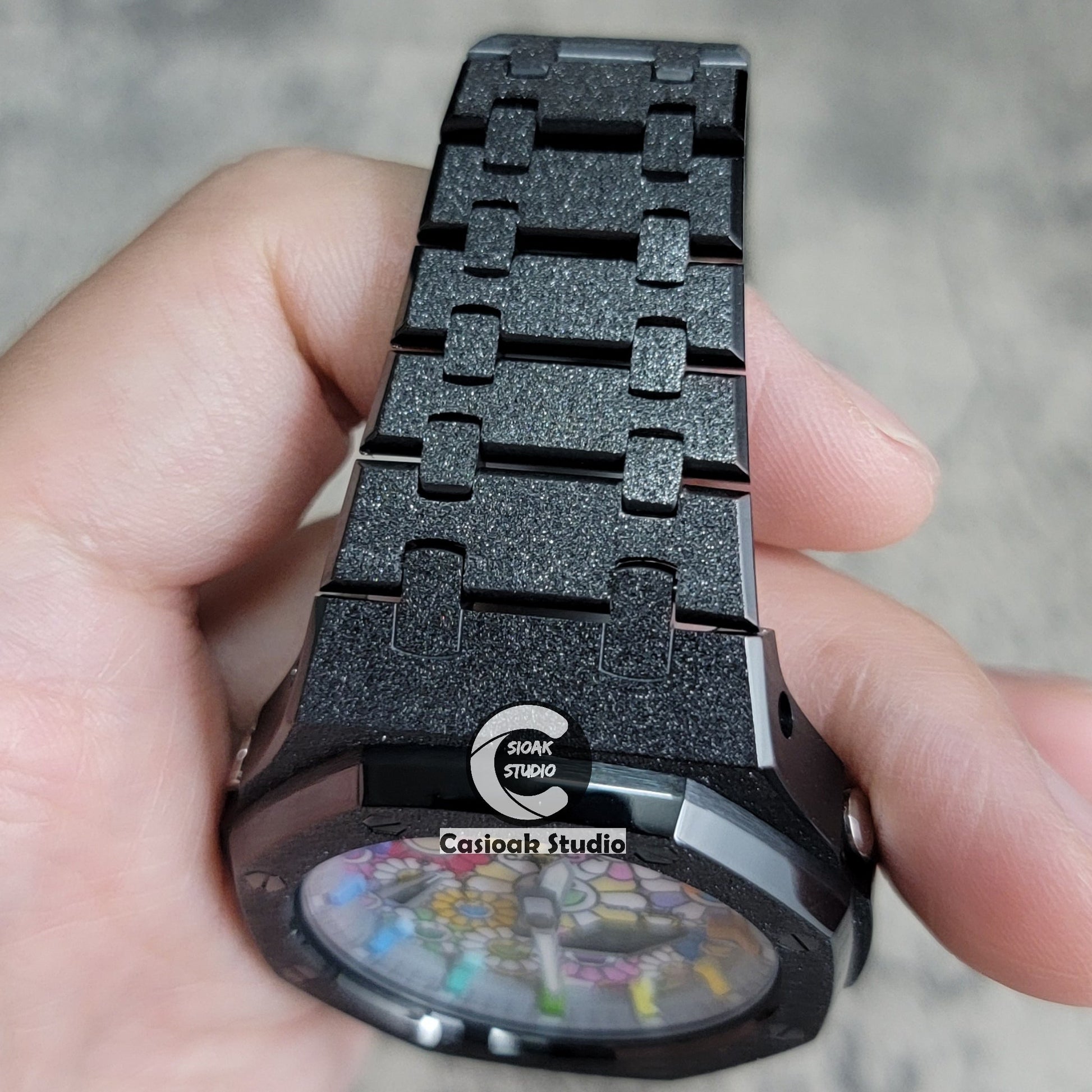 Casioak Mod Watch Frosted Black Case Metal Strap Gray Rainbow Time Mark Takashi Murakami Dial 44mm- Casioak Mod Casio G-Shock Royal Oak Custom Mens Luxury Watches Ga2100